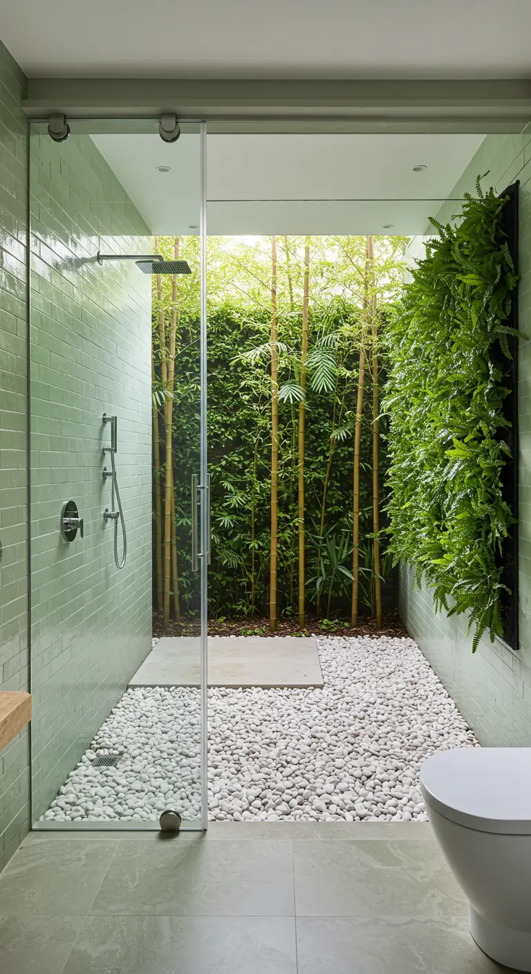 Ducha interior que se abre a un patio acristalado con bambú y cantos rodados.