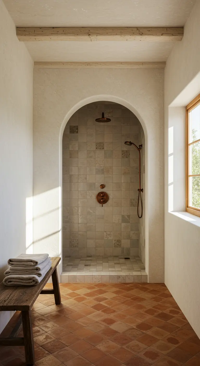 Ducha de obra con entrada en arco, azulejos de barro y grifería de cobre.