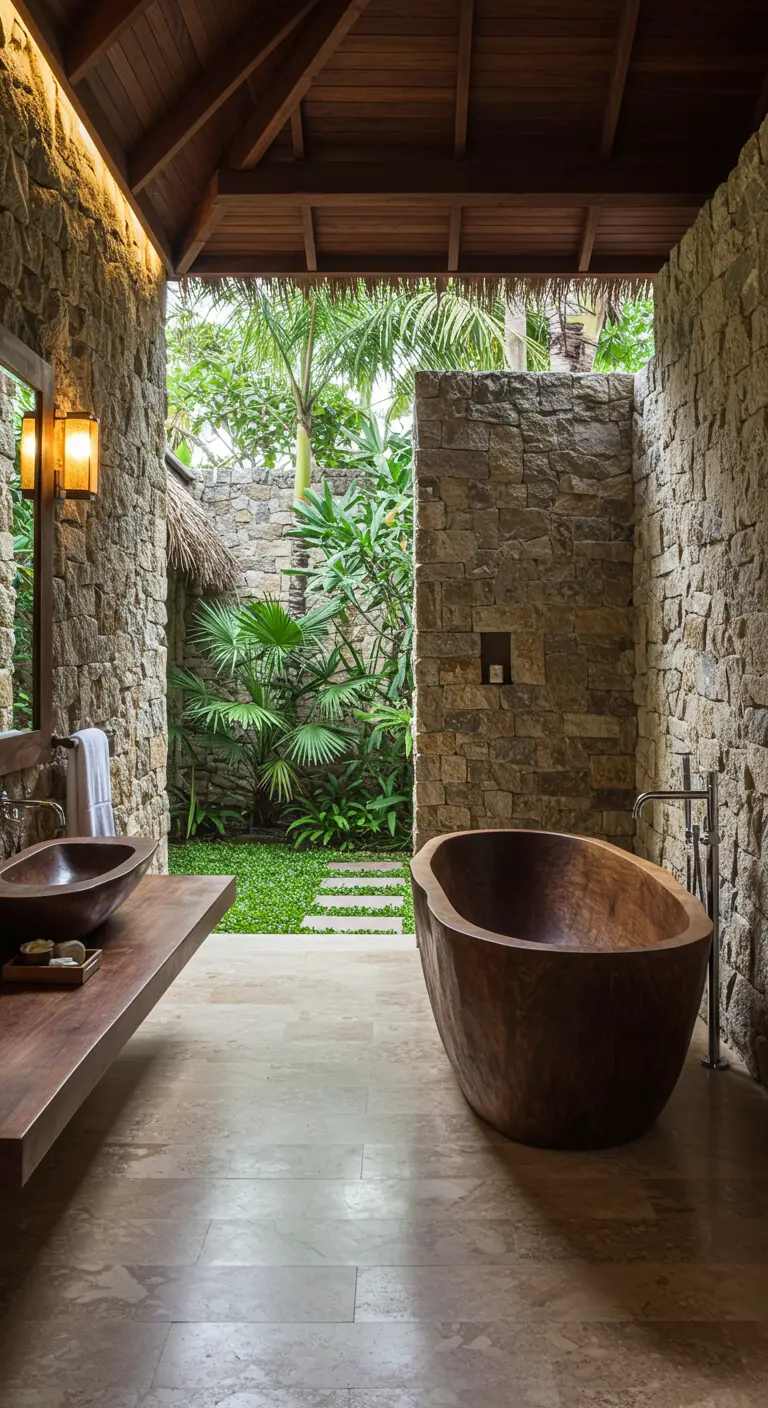 Baño abierto a un jardín tropical con paredes de piedra y una bañera de madera maciza.
