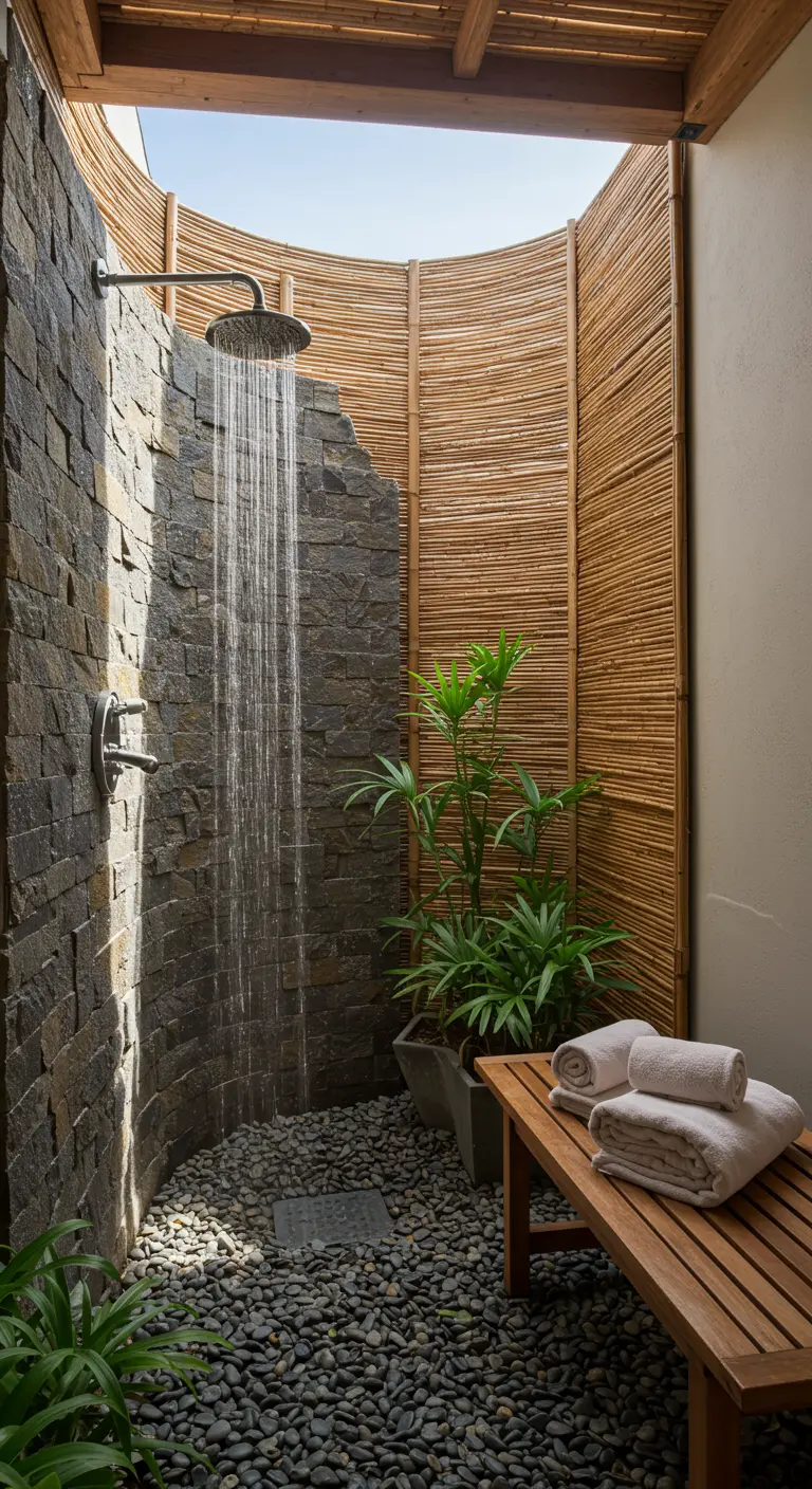 Ducha exterior con pared de piedra, mampara de bambú y suelo de guijarros.