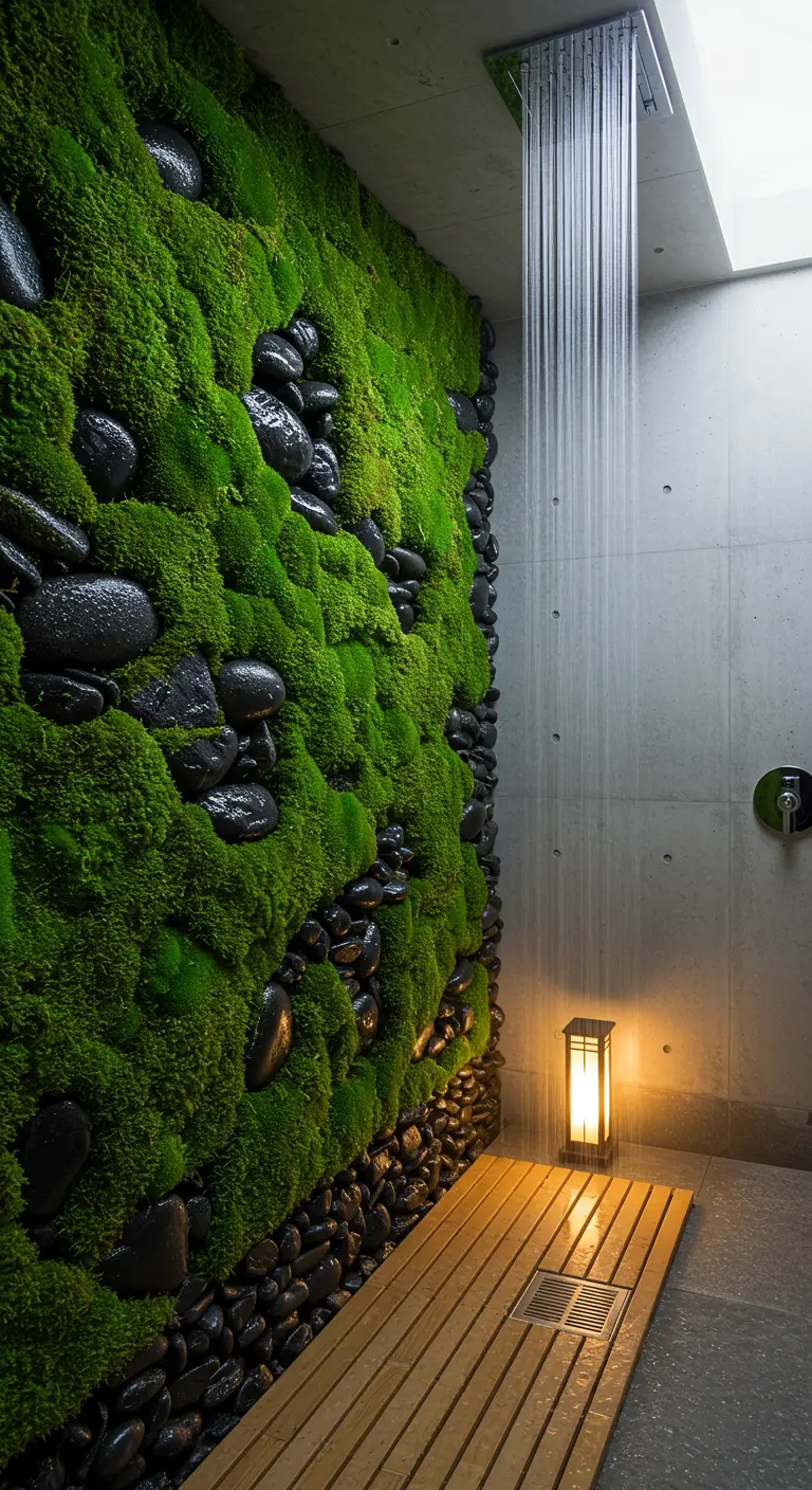 Ducha con pared de musgo verde y piedras negras, con una lámpara de estilo japonés.