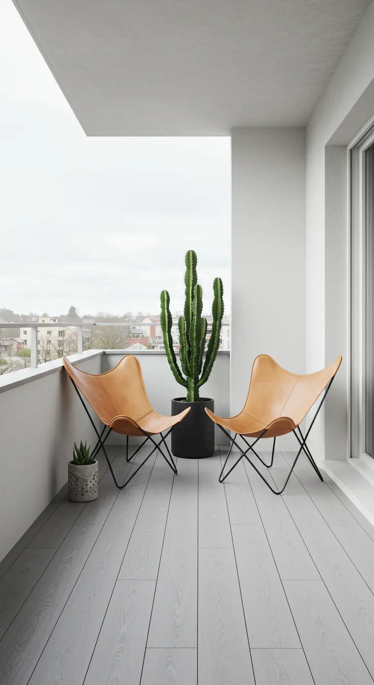 Balcón minimalista con dos sillas mariposa de cuero, un cactus alto y suelo de madera gris.