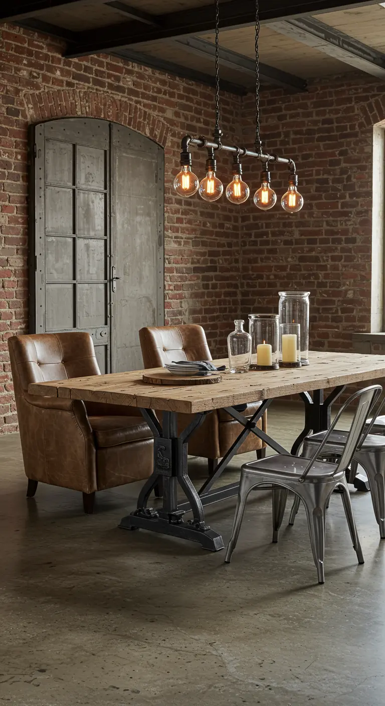 Comedor industrial con mesa de madera rústica, sillones de cuero y sillas metálicas.