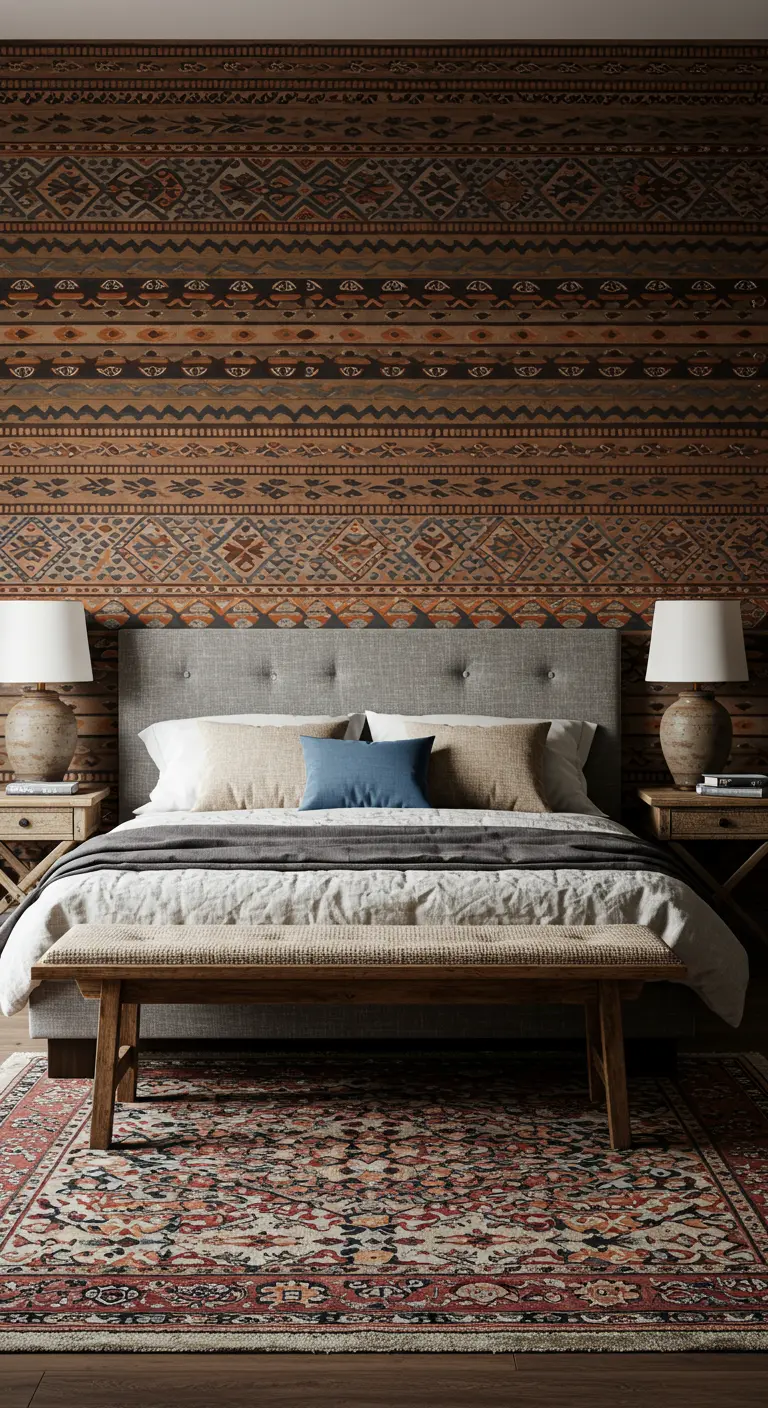 Dormitorio con papel pintado de patrón tribal y una gran alfombra persa en tonos tierra similares.