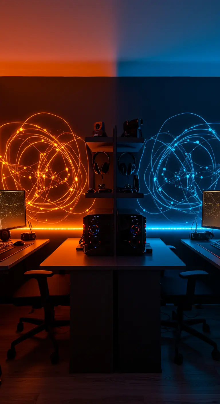 Setup de gaming doble dividido por luces naranjas y azules con arte de luz en la pared.