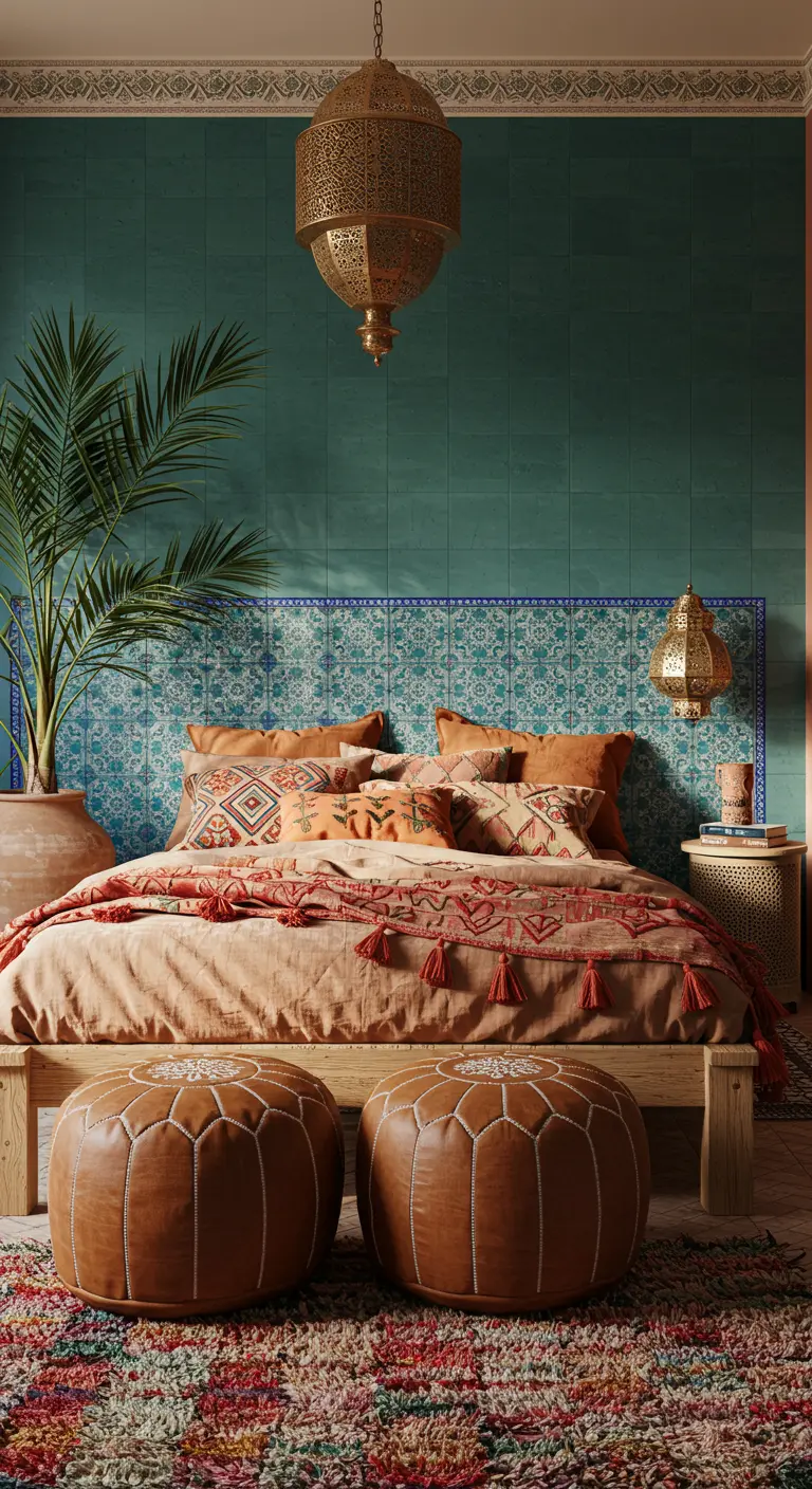 Habitación con pared de azulejos turquesa, cama con textiles terracota y pufs de cuero.