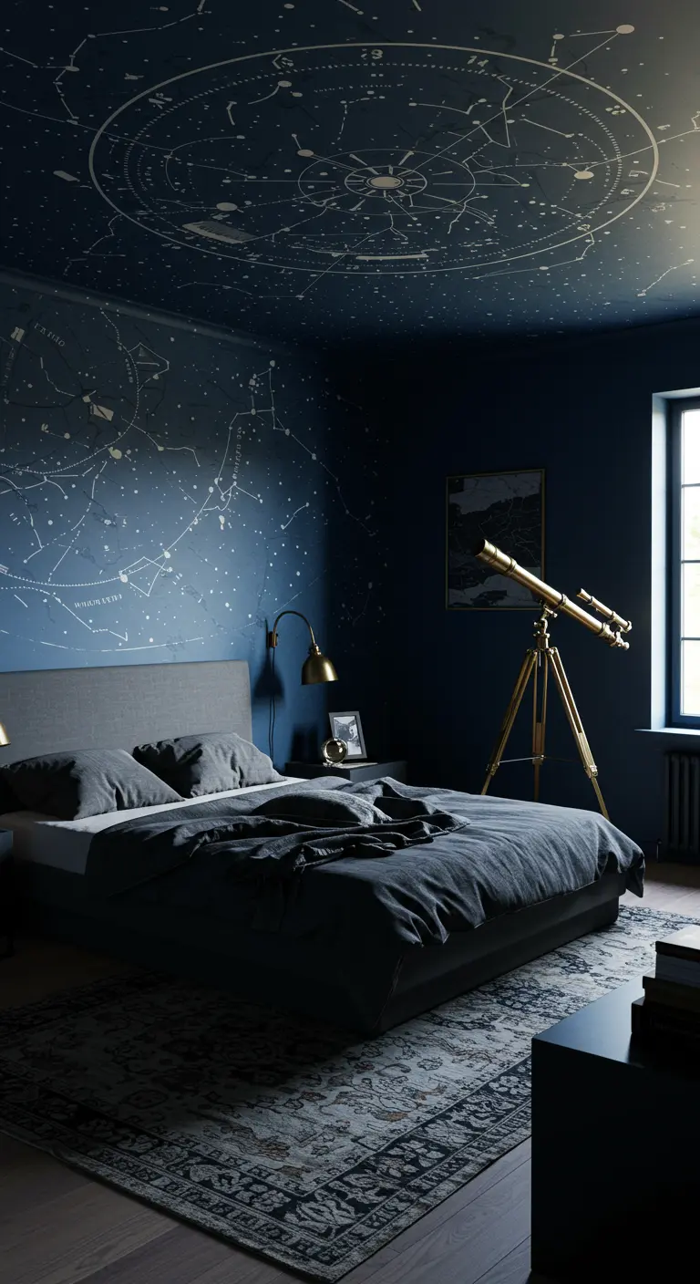 Dormitorio azul oscuro con un mural de constelaciones en el techo y un telescopio de latón.
