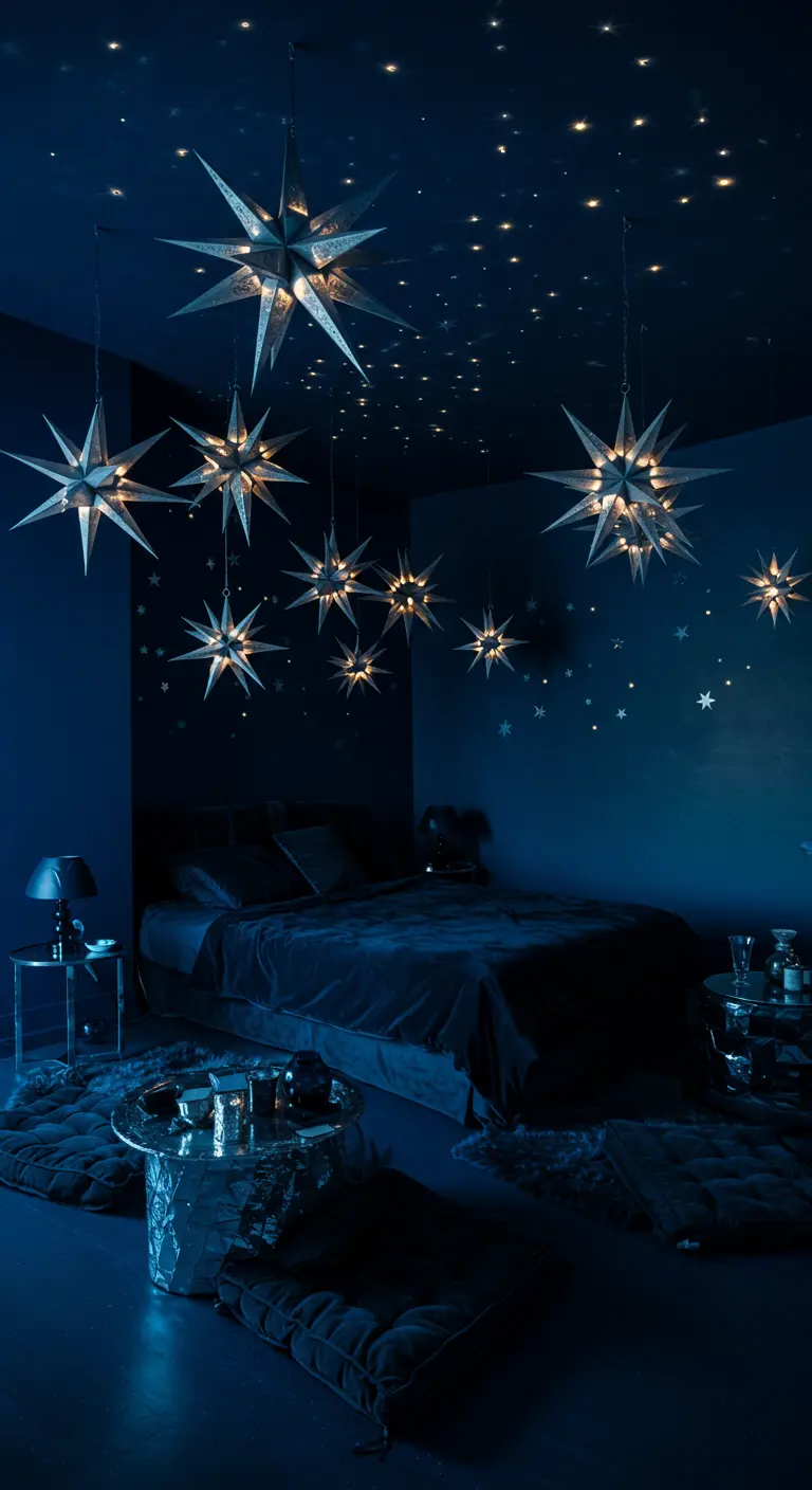 Dormitorio azul oscuro con lámparas en forma de estrella que iluminan el techo