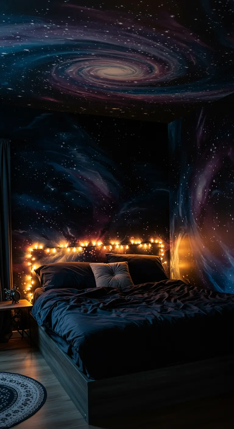 Dormitorio con paredes y techo pintados como una galaxia estrellada y luces cálidas en el cabecero.