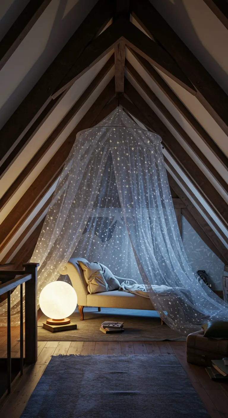 Rincón de lectura en un ático con un dosel de estrellas y una lámpara en forma de luna