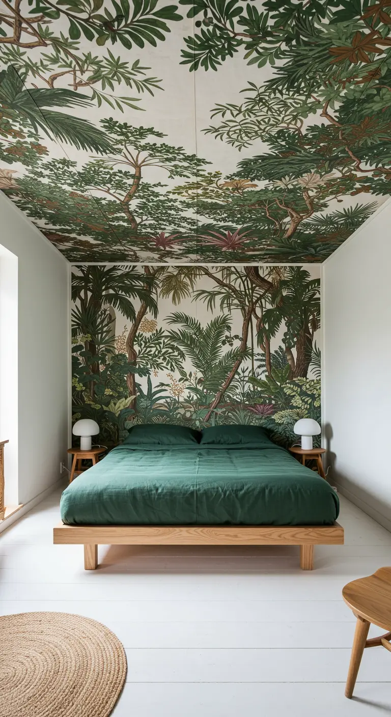 Dormitorio con papel pintado de jungla en la pared del cabecero y en el techo.