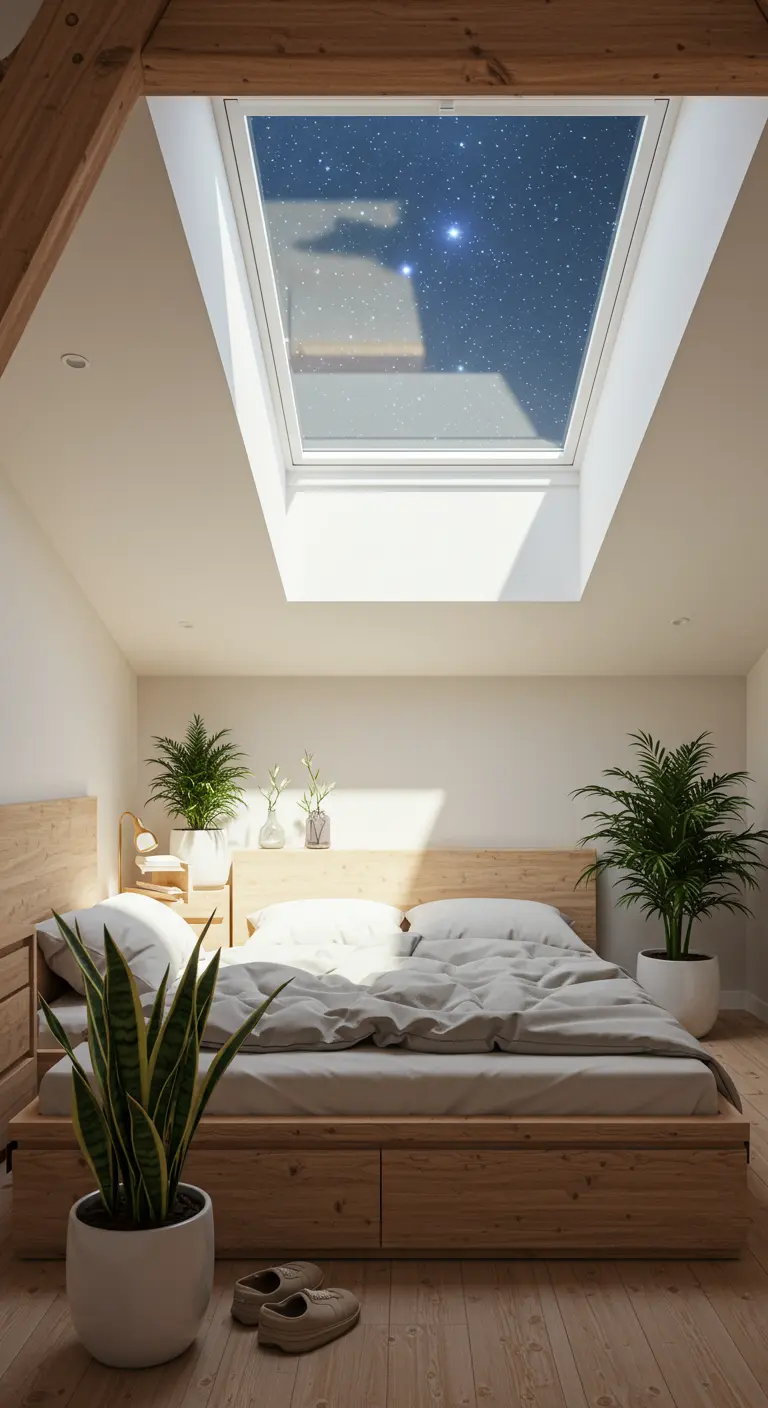 Dormitorio con una gran claraboya sobre la cama que deja ver el cielo estrellado.