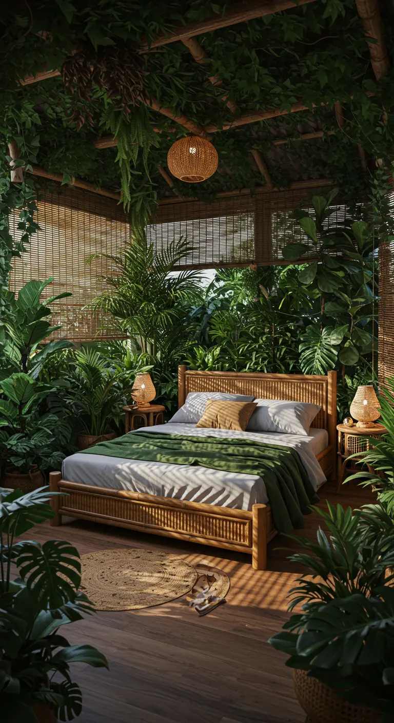 Dormitorio exuberante lleno de plantas, con una cama y muebles de bambú.