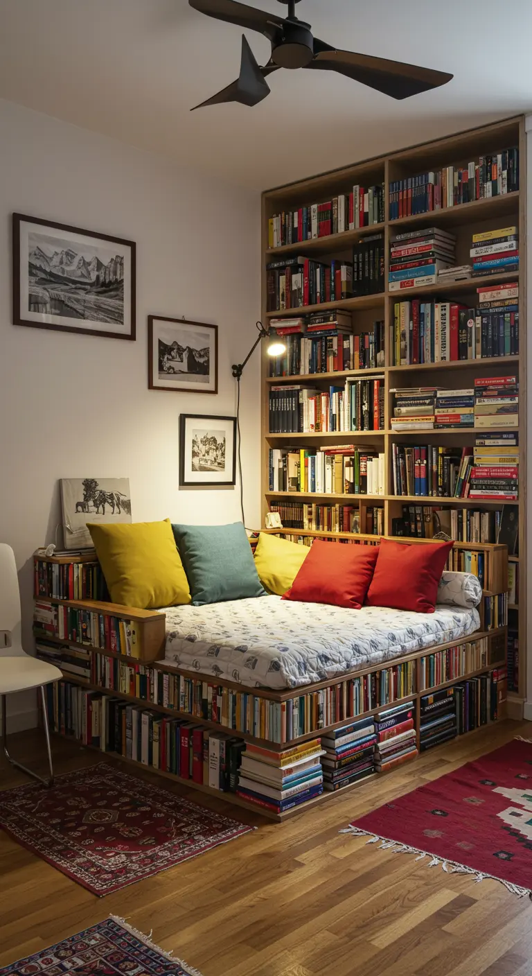 Cama construida sobre una base de estanterías llenas de libros.