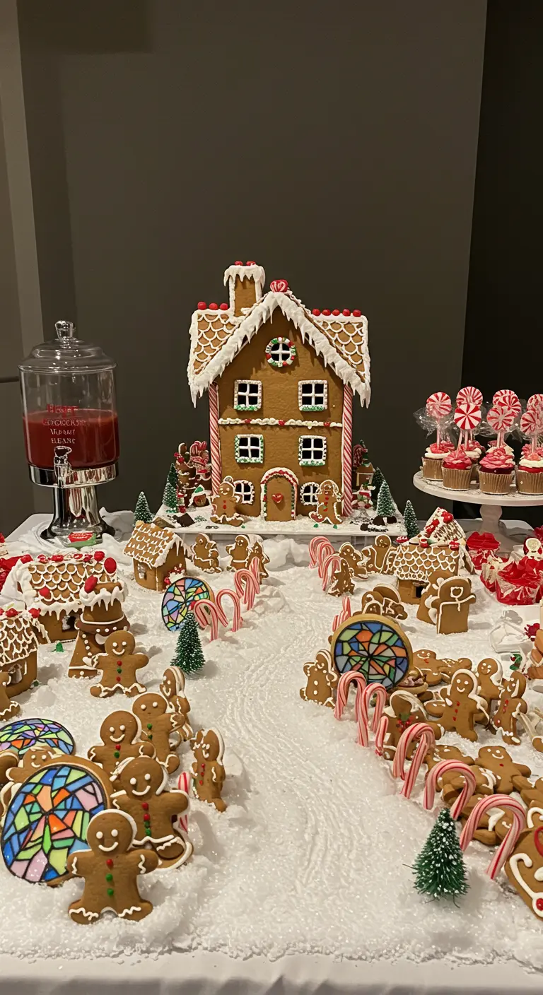 Una mesa de postres transformada en una aldea de jengibre con una casa grande y muchas galletas.