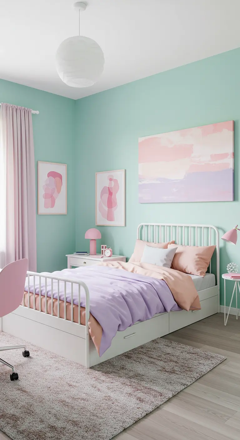Dormitorio femenino con paredes verde menta y ropa de cama en tonos lilas y rosas pastel.