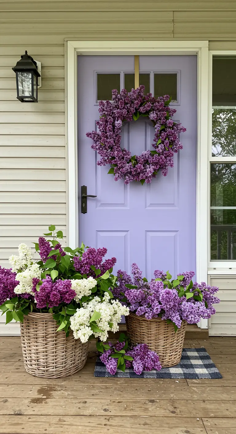 Puerta de color lavanda con una exuberante corona de lilas frescas y cestos de mimbre repletos de más lilas