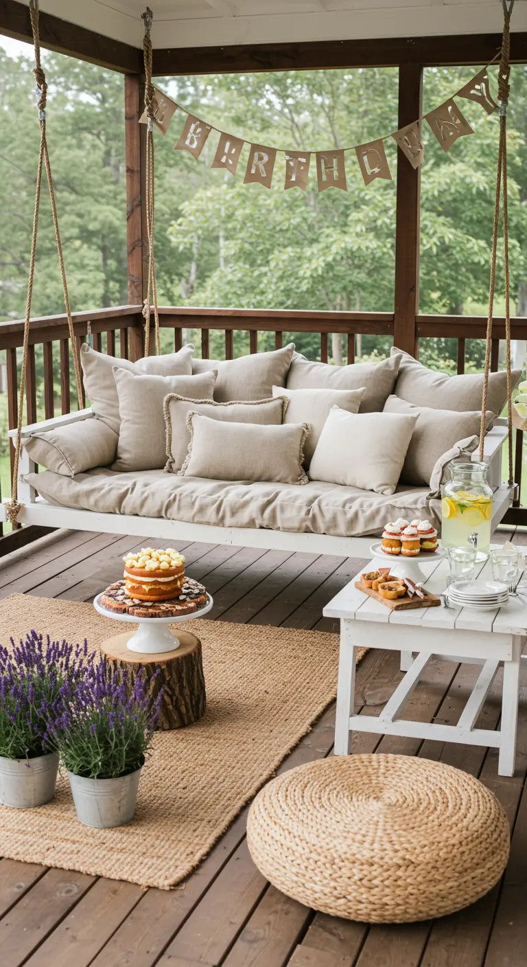 Columpio de porche con cojines de lino, una guirnalda y lavanda en macetas.