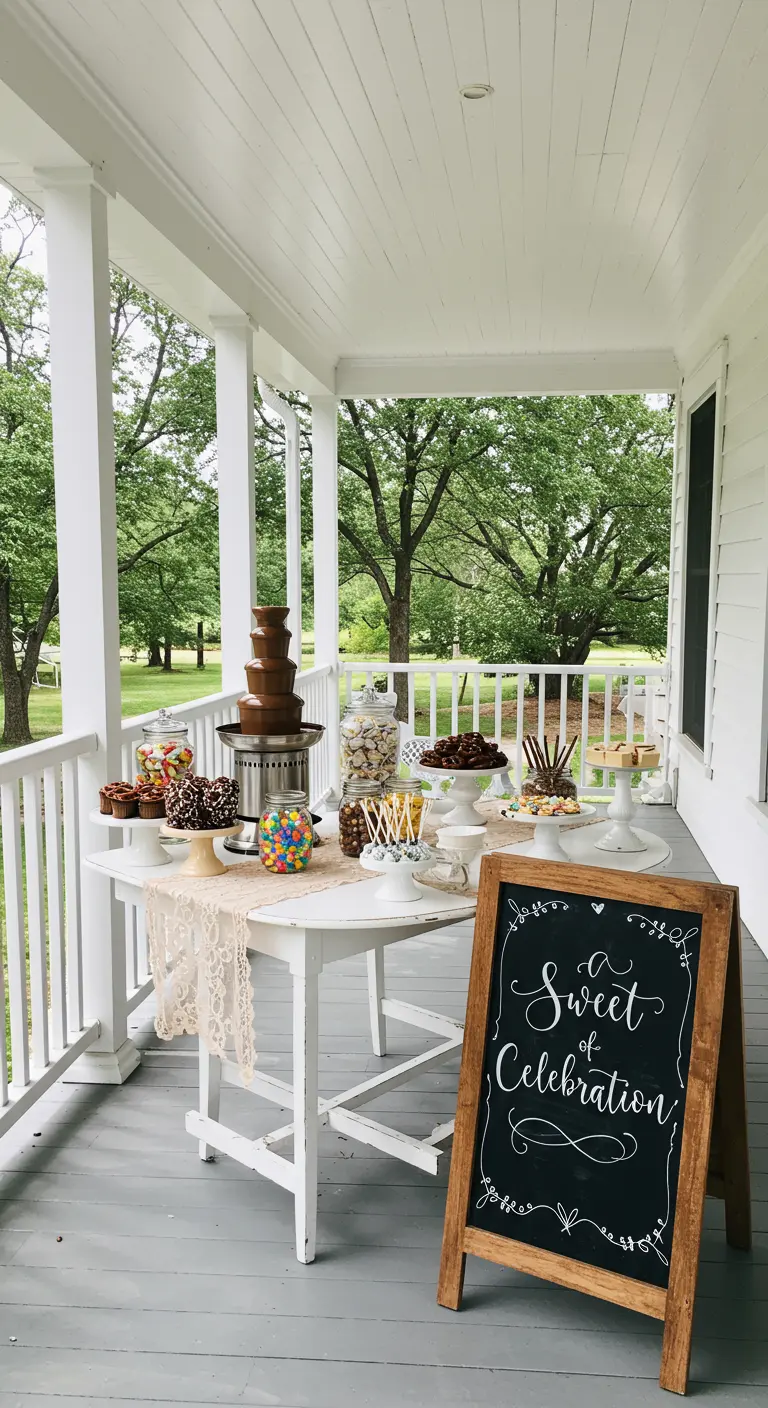 Mesa de postres en un porche blanco con una fuente de chocolate y un letrero de pizarra.