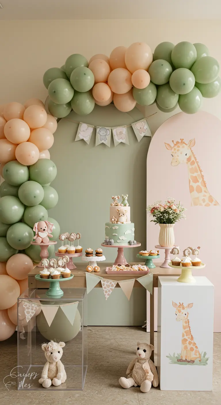 Mesa de dulces para un baby shower con globos en tonos pastel y decoración de jirafas bebés.