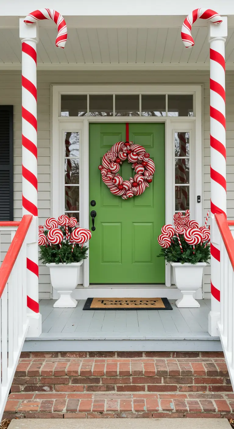 Porche con columnas envueltas para parecer bastones de caramelo y corona a juego.