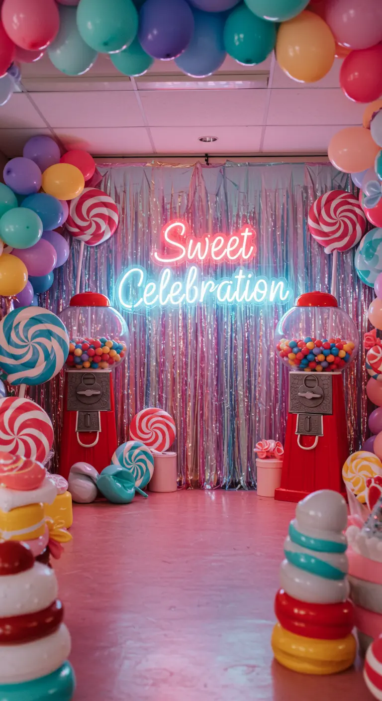 Fiesta con temática de dulces, máquinas de chicles y un neón 'Sweet Celebration'.