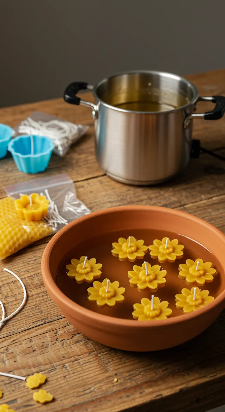 Proceso de creación de velas flotantes caseras de cera de abeja con forma de flor.