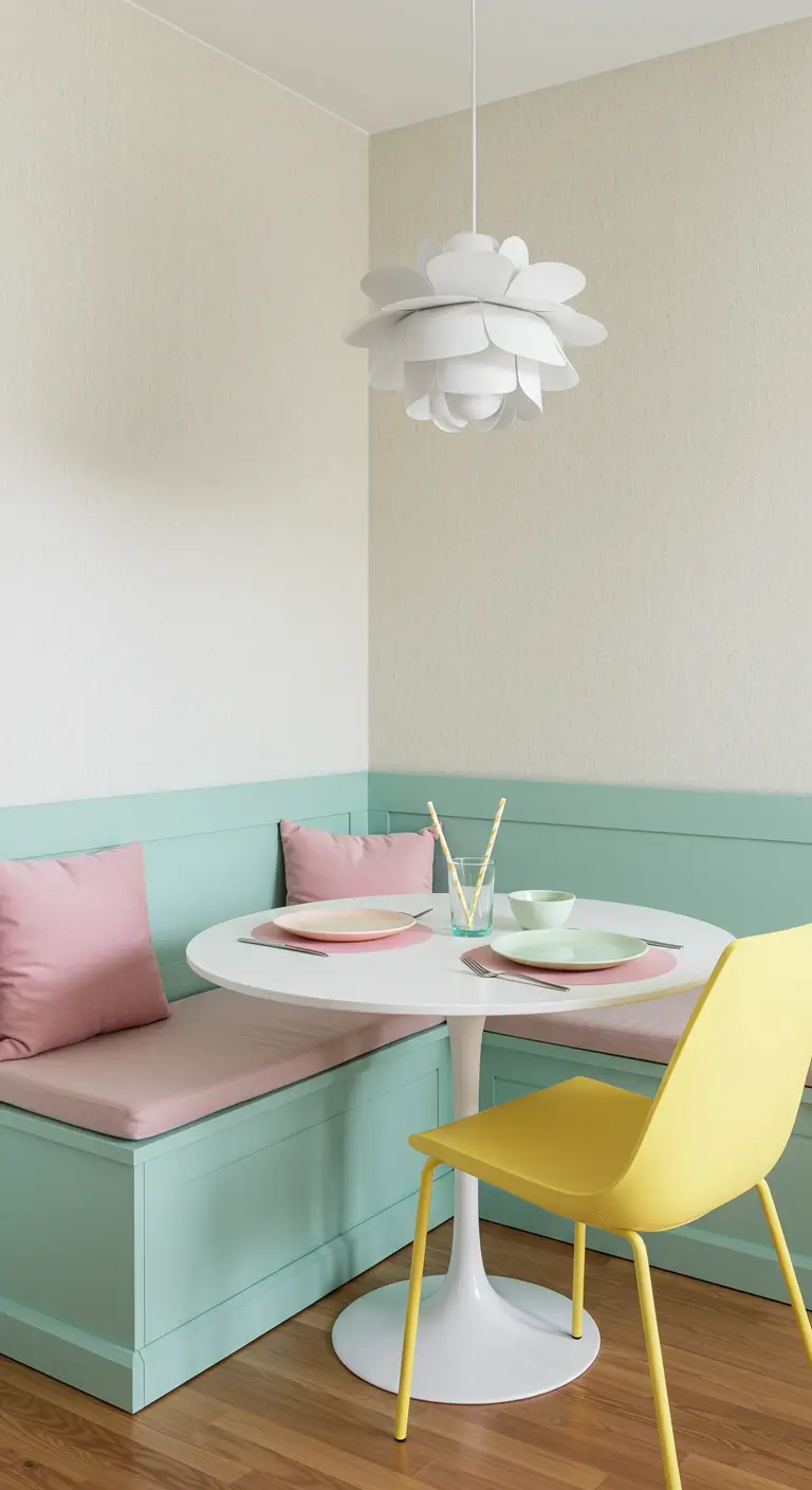 Comedor en tonos pastel con banco esquinero color menta y cojines rosas.