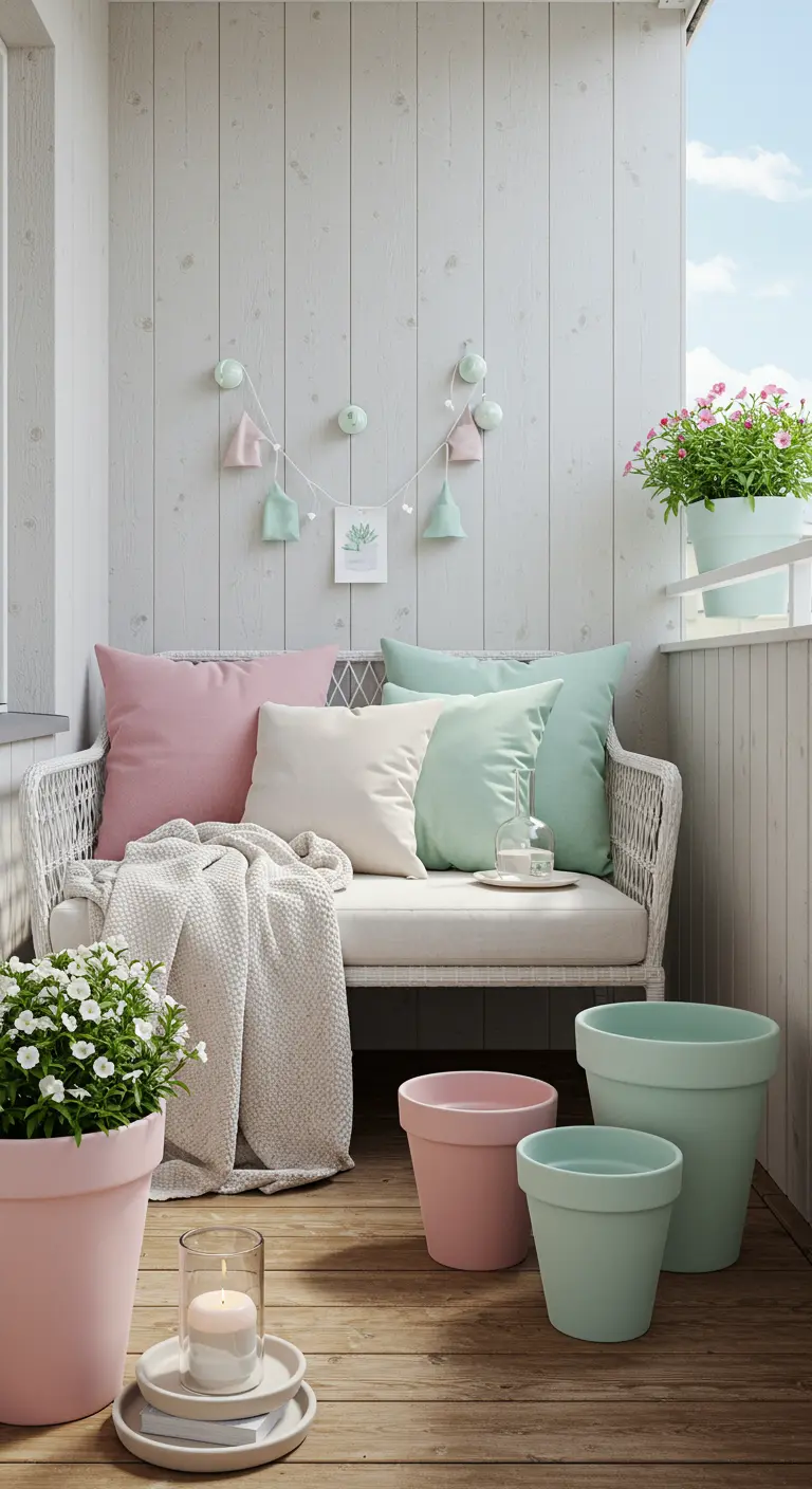 Balcón de estilo escandinavo con sofá blanco y cojines y macetas en tonos pastel rosa y menta.