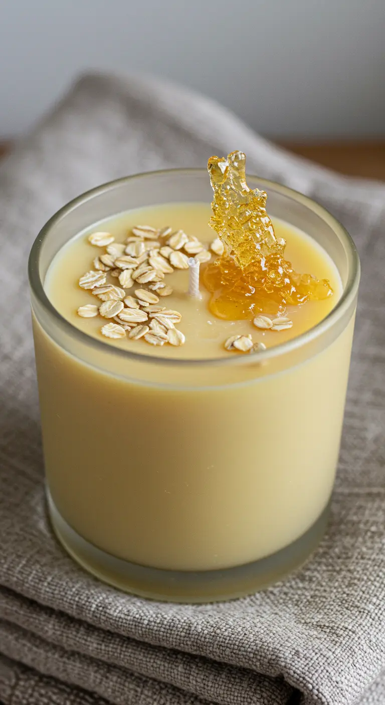 Vela cremosa en un vaso de cristal, decorada con copos de avena y un trozo de caramelo de miel.