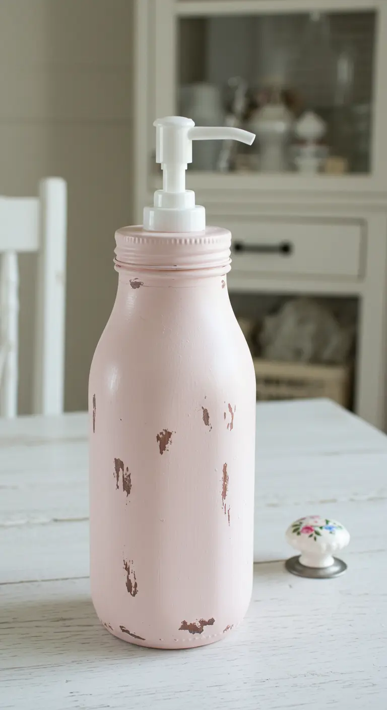Dispensador de jabón hecho con una botella de leche pintada de rosa y con acabado desgastado.