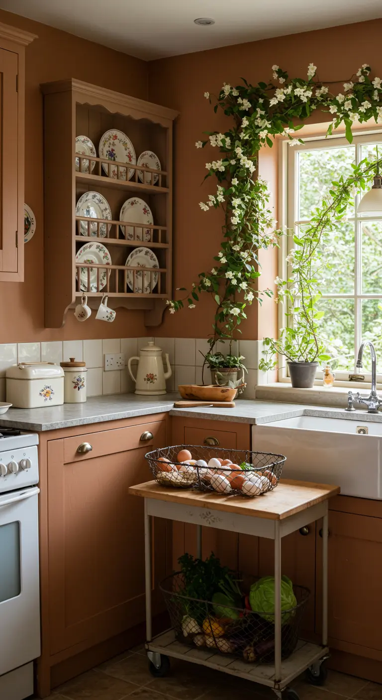 Cocina rústica con paredes terracota, un estante para platos y jazmín trepando por la ventana.