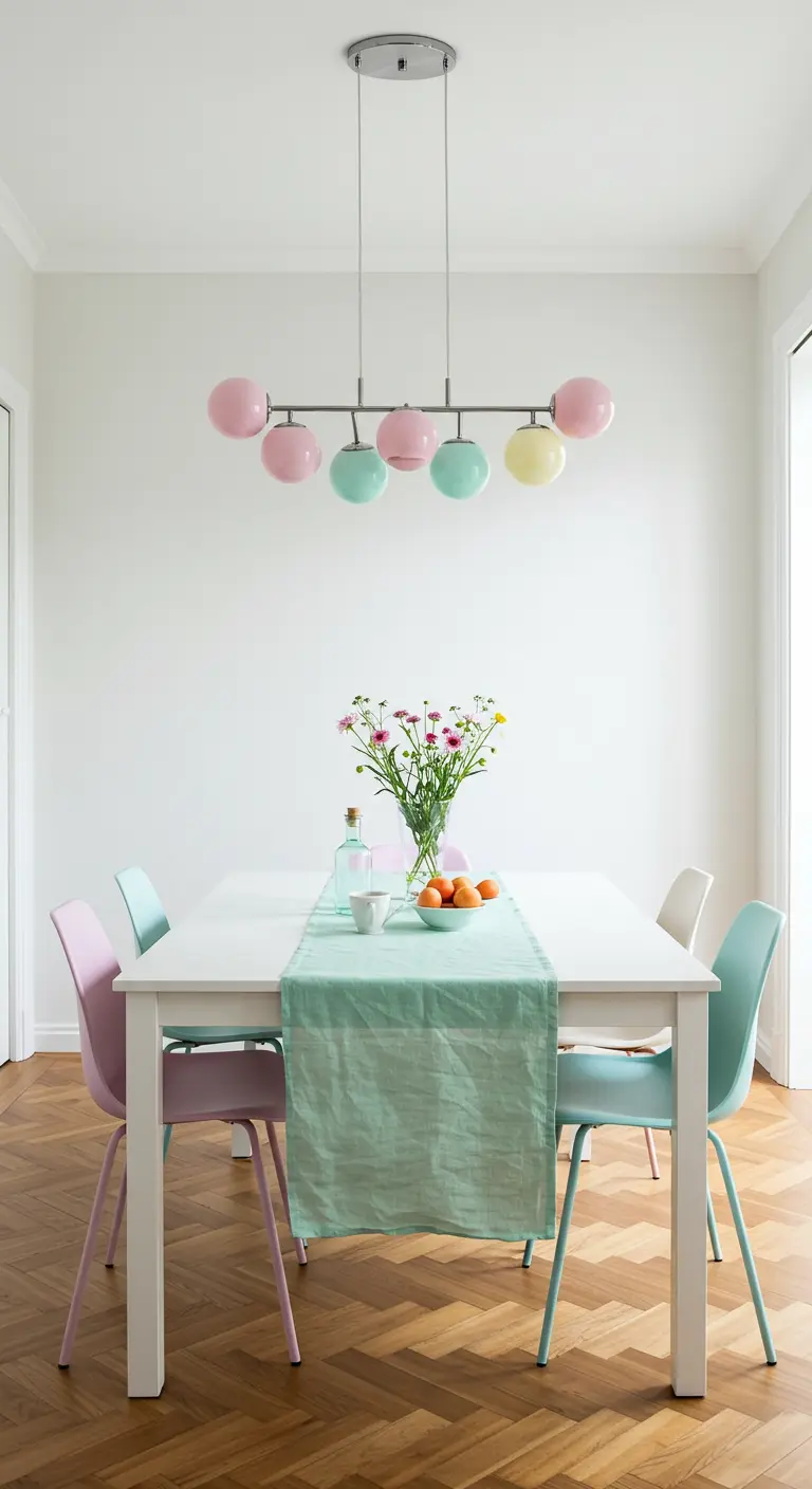 Comedor blanco con sillas y lámpara en tonos pastel y un camino de mesa verde menta.