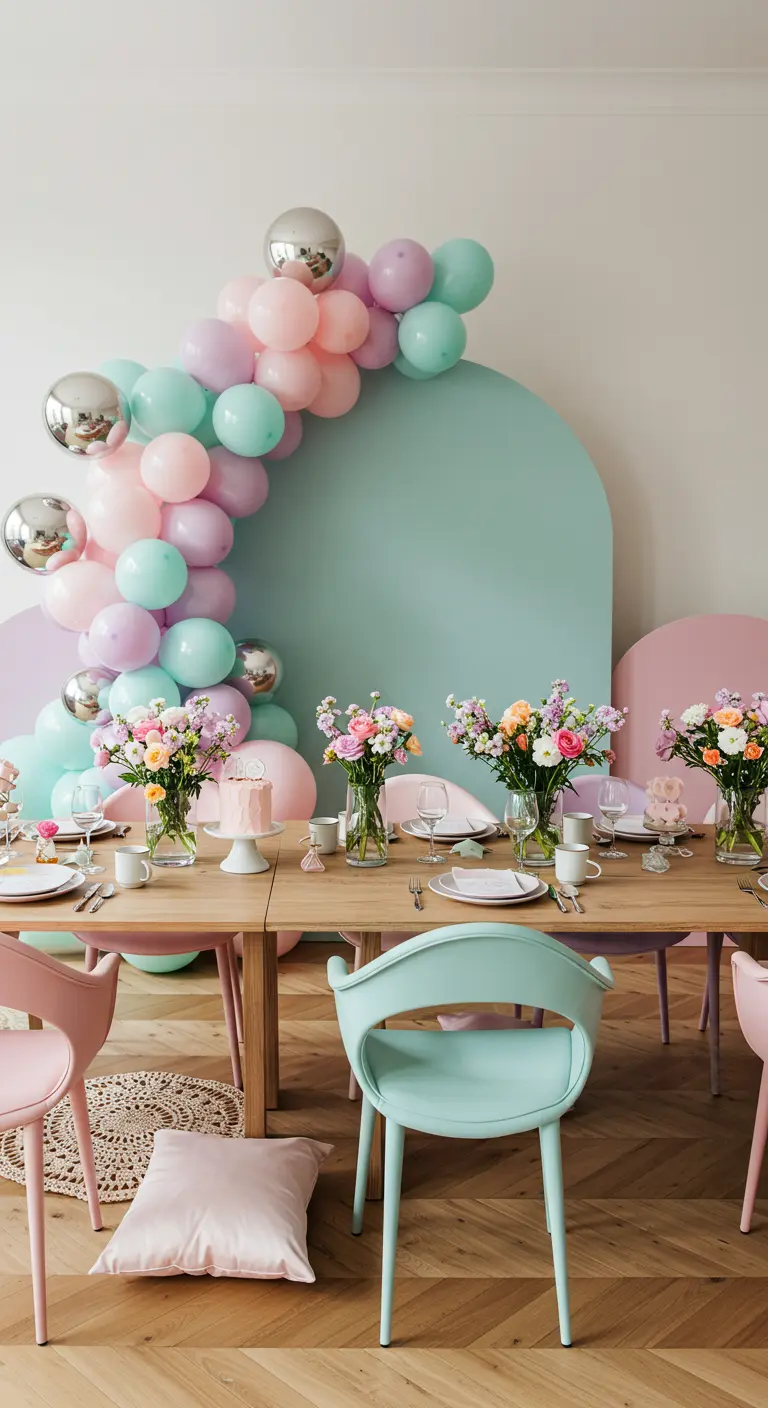 Arco de globos pastel y plata junto a una mesa con paneles de fondo arqueados.