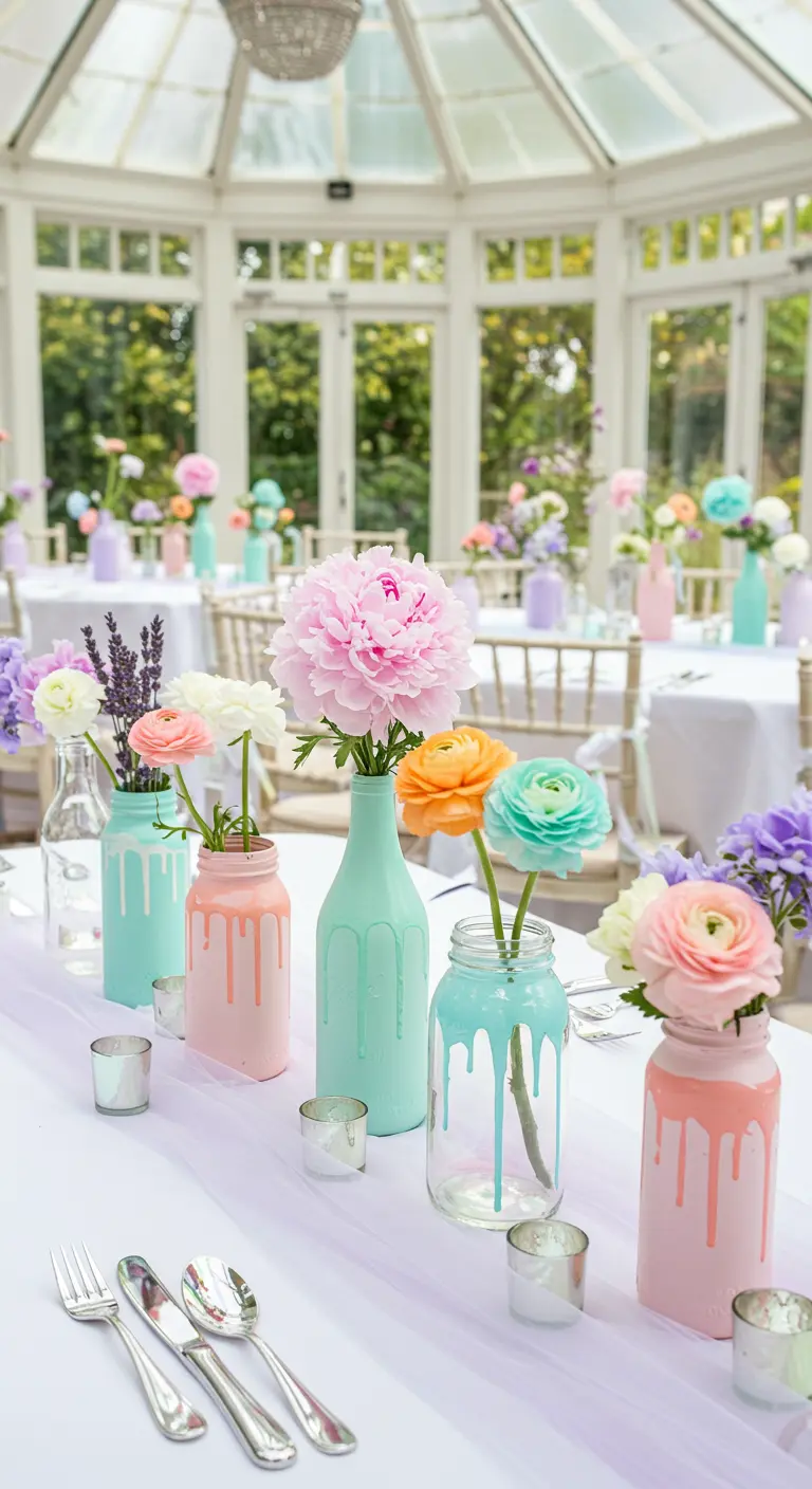 Botellas y frascos de colores pastel con un efecto de pintura que gotea desde el borde.