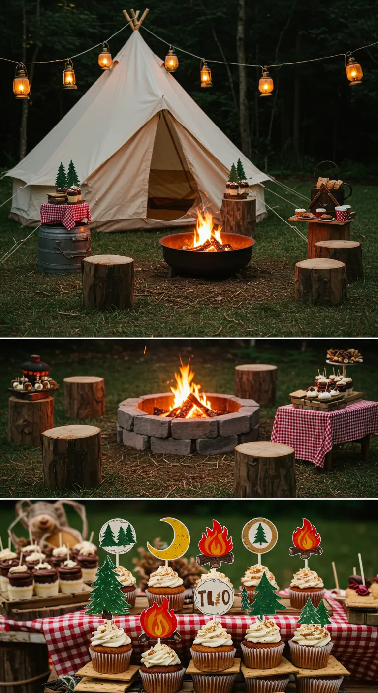 Fiesta de campamento con una hoguera, tienda tipi y cupcakes temáticos.