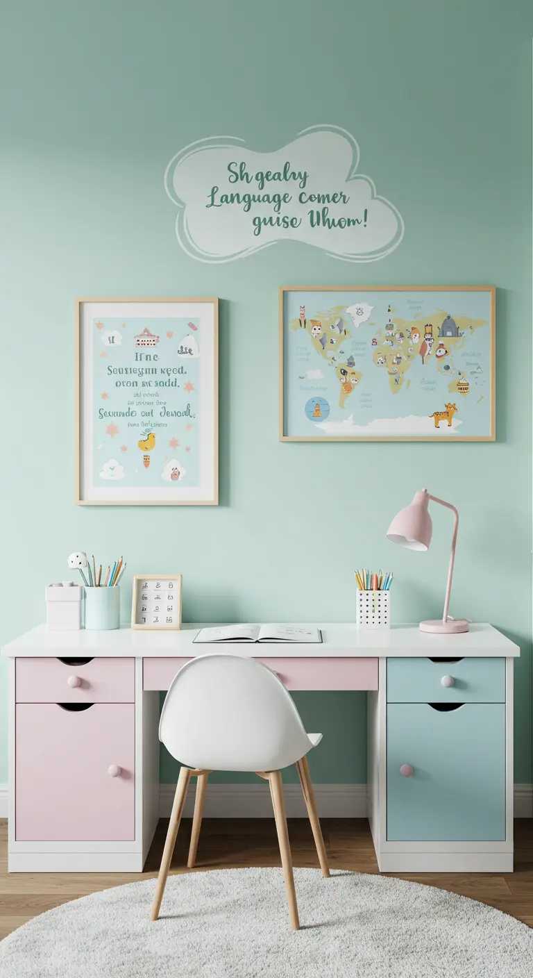 Rincón de estudio infantil en tonos pastel con escritorio y un mapa ilustrado.