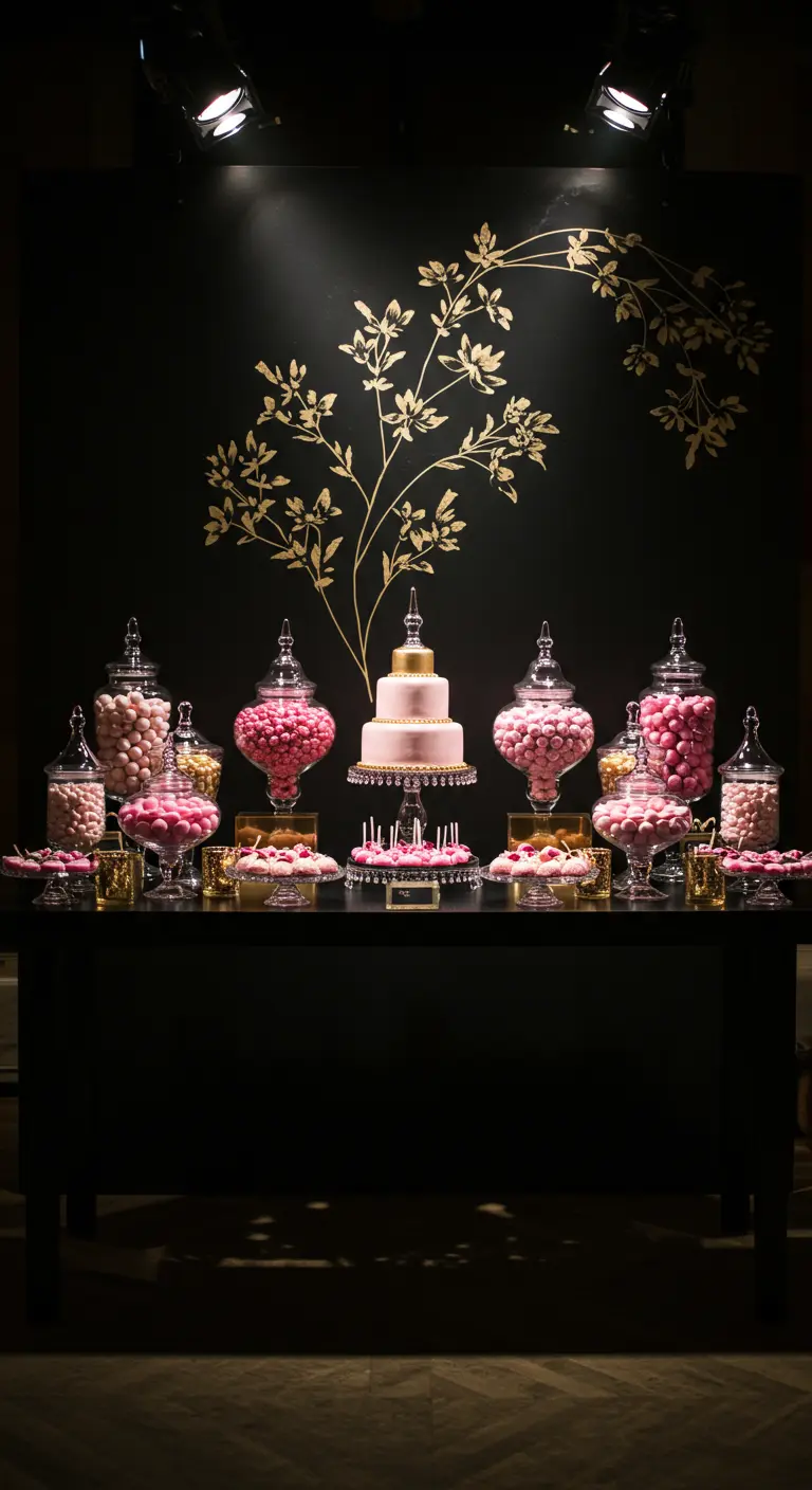 Candy bar elegante con un fondo negro, un pastel rosa y detalles dorados botánicos.