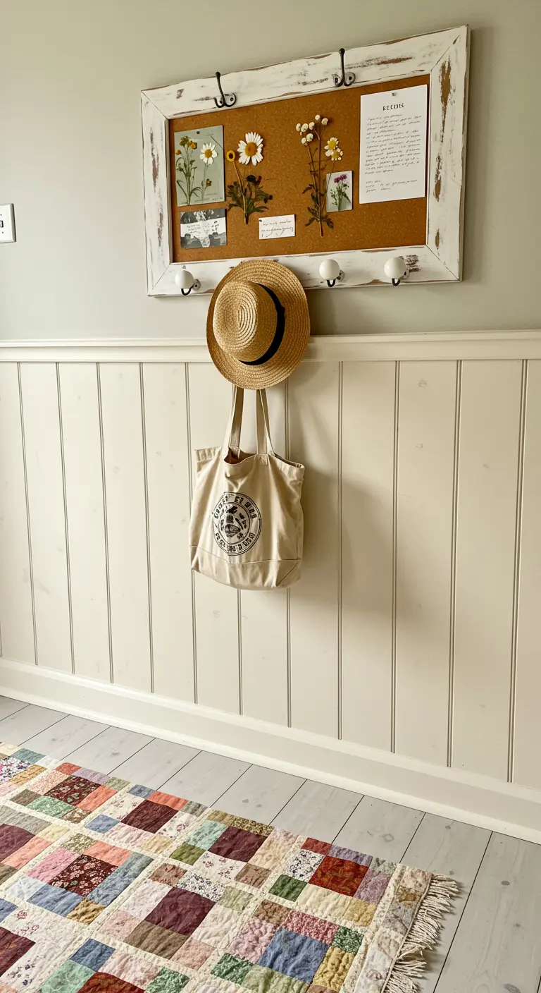 Rincón shabby chic con un tablero de corcho en un marco blanco decapado y una alfombra de patchwork.