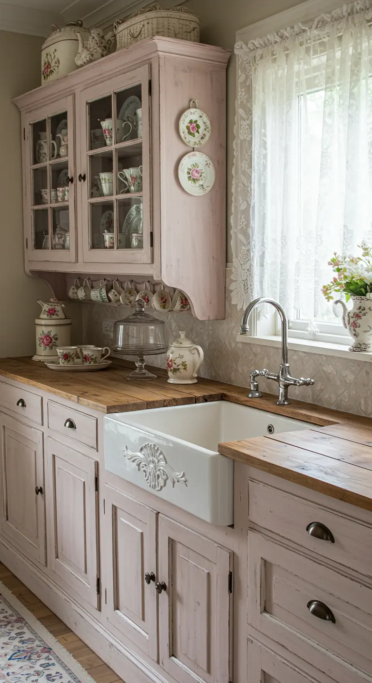 Cocina shabby chic con gabinetes en rosa envejecido, cortinas de encaje y fregadero ornamentado.