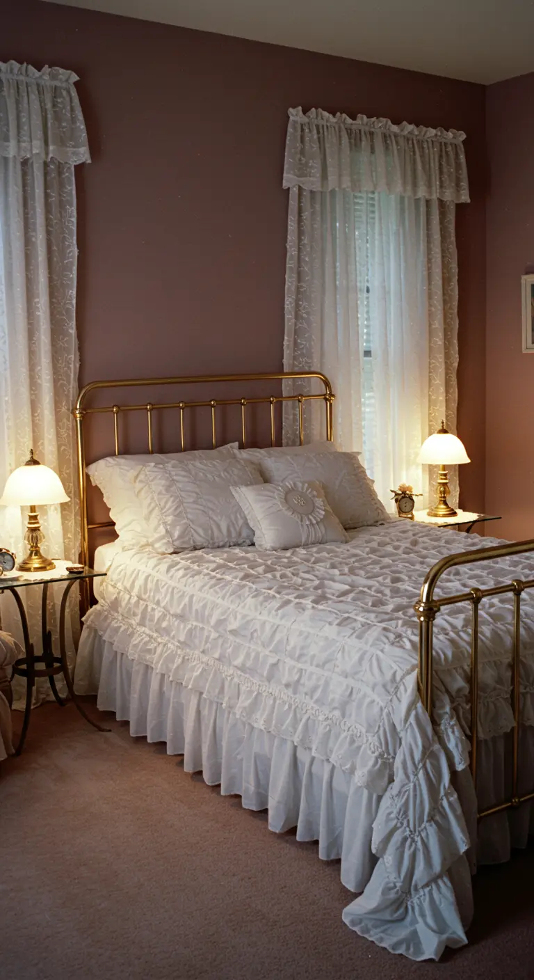 Dormitorio romántico de los 80 con cama de latón, ropa de cama con volantes y cortinas de encaje.