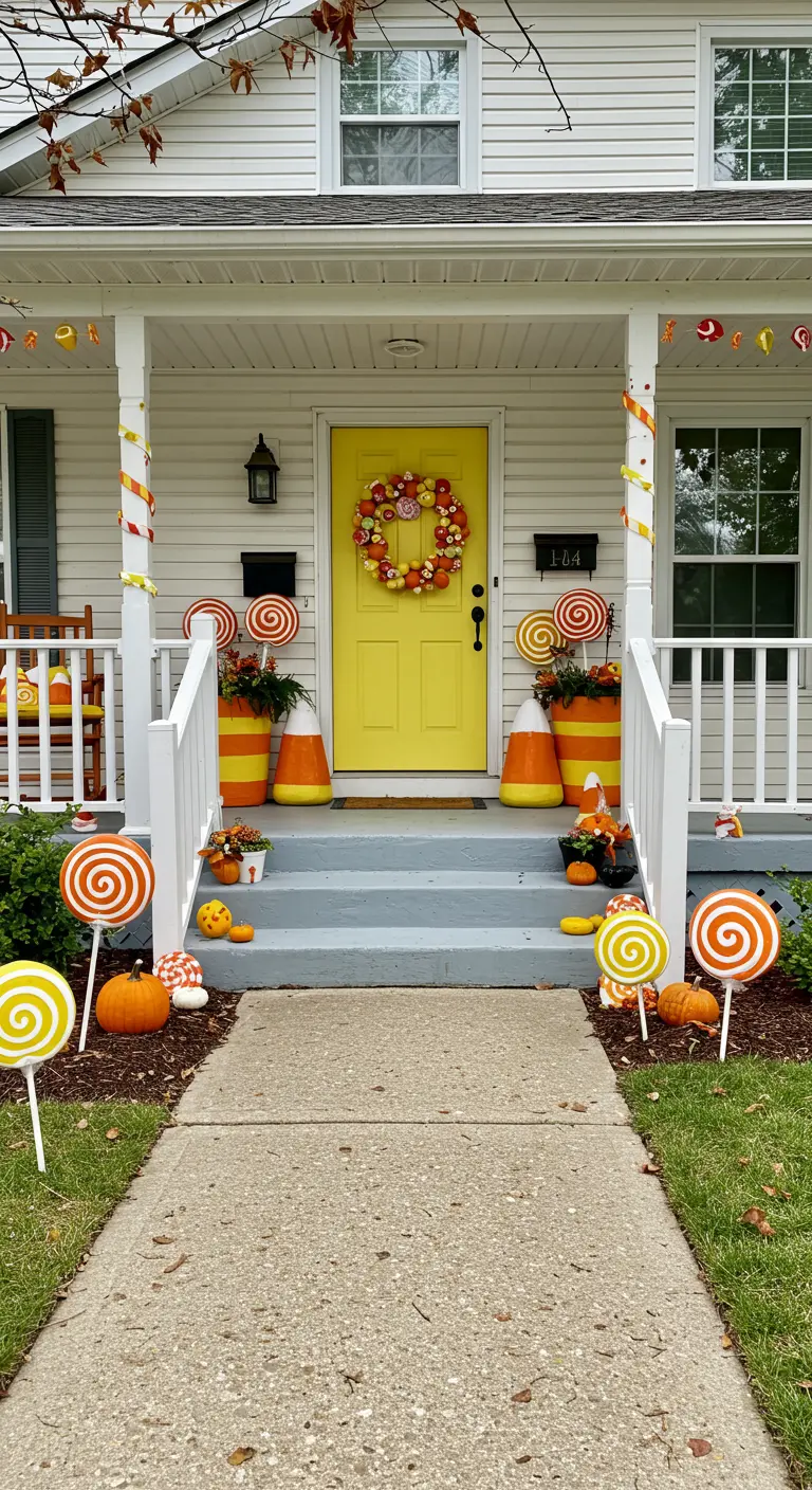 Porche decorado con temática de caramelos, incluyendo piruletas y conos de candy corn gigantes.