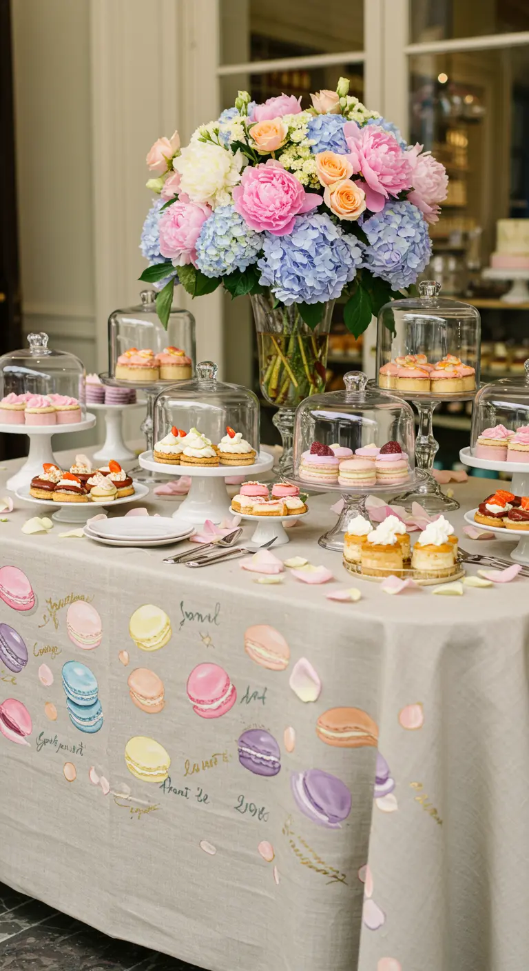 Mantel de lino con macarons de colores pastel pintados a mano en una mesa de postres.