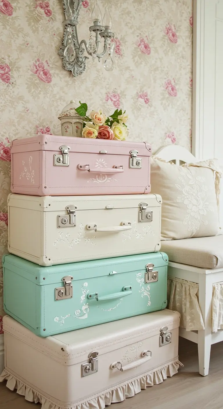 Torre de maletas en tonos pastel pintadas con estilo shabby chic y motivos florales blancos.