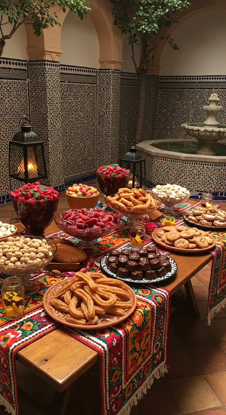 Mesa de dulces con churros y gominolas en un patio de estilo árabe con una fuente.