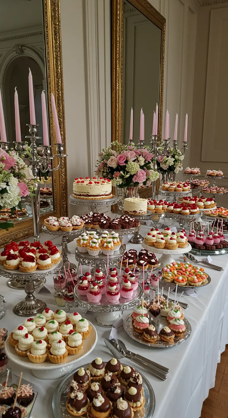 Mesa de postres repleta de dulces rosados y blancos, con candelabros de plata y velas rosas.