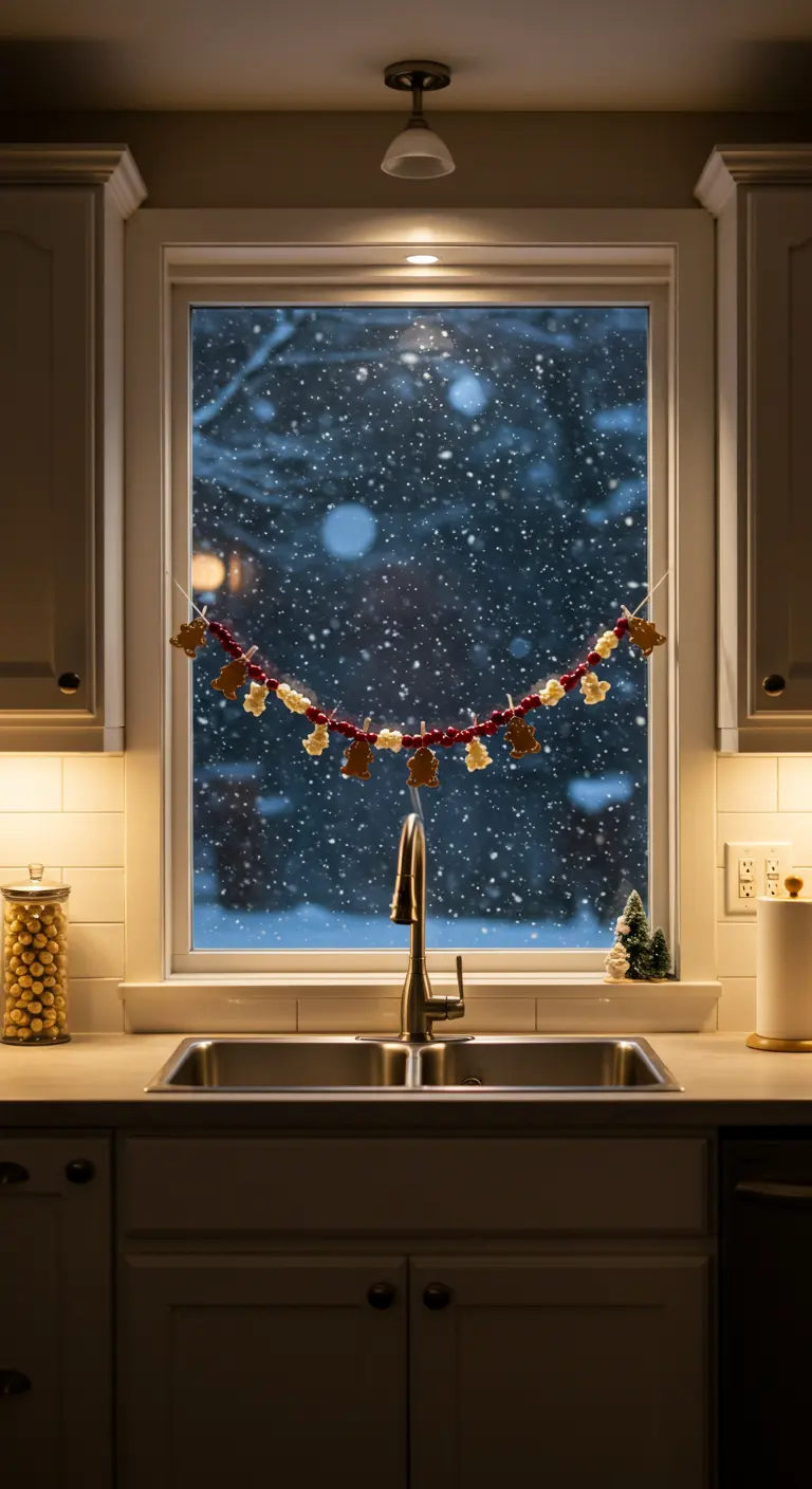 Guirnalda de galletas de jengibre y bayas rojas en una ventana de cocina por la noche.