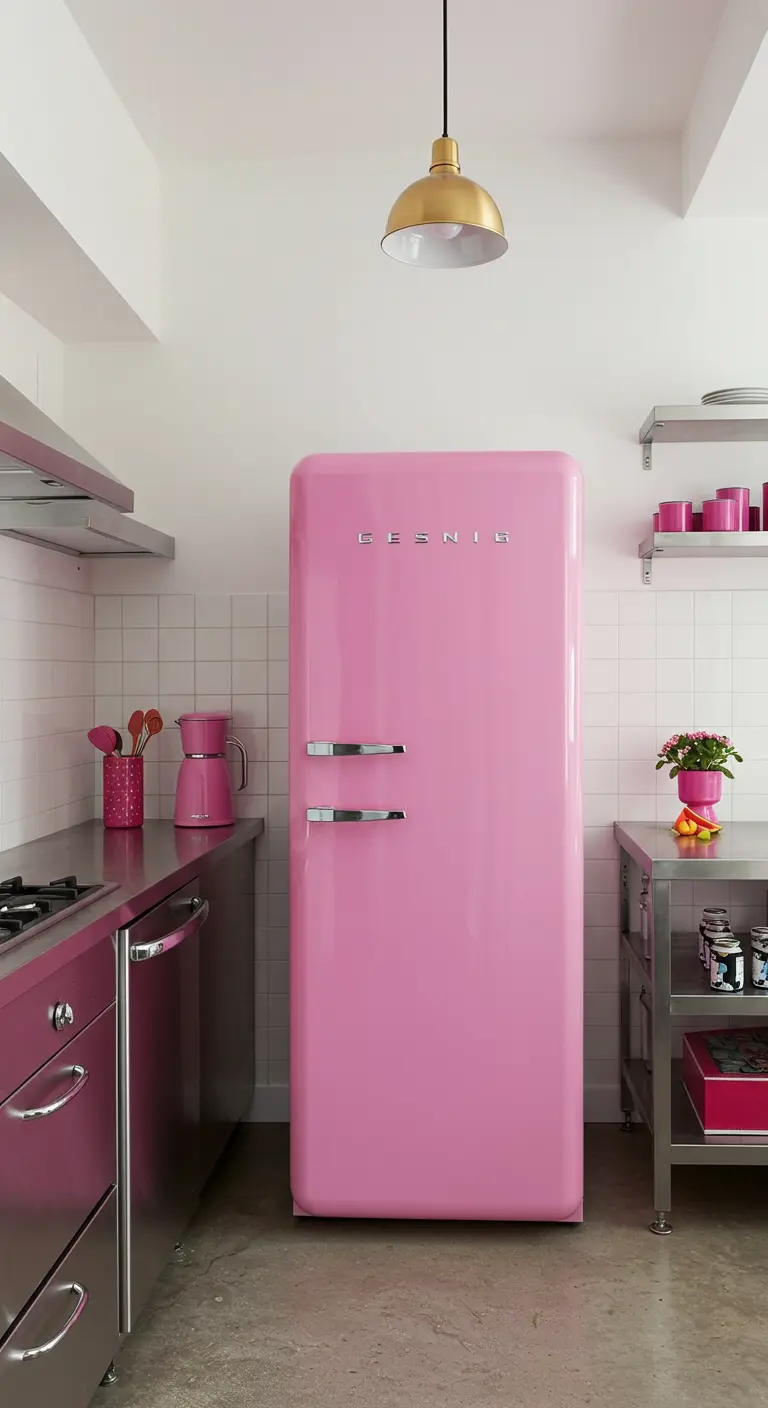 Cocina industrial de acero inoxidable con un frigorífico retro de color rosa intenso.