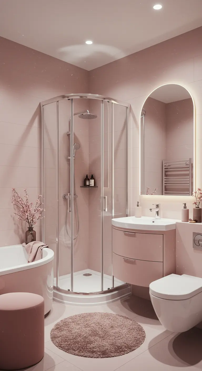 Baño moderno en tonos rosa pastel con ducha de esquina y espejo retroiluminado