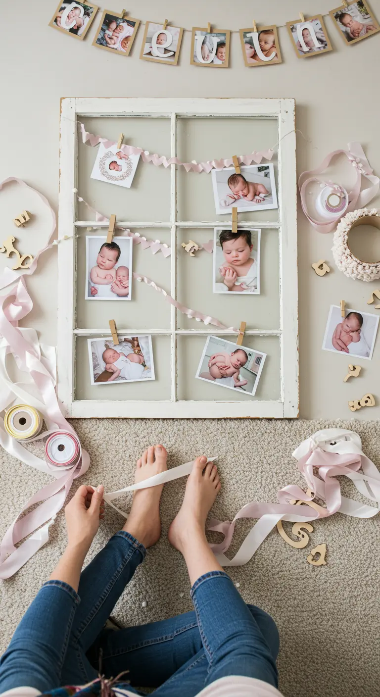 Marco de ventana blanco decorado con cintas rosas y fotos de un bebé para celebrar su primer año.